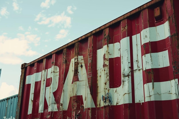 The word trade on the side of a global shipping container business and trade concept