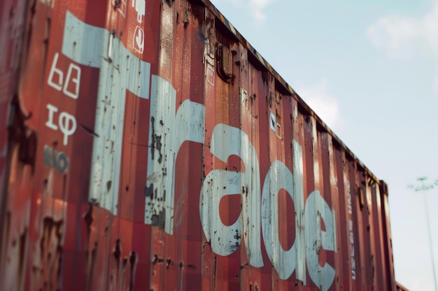 The word trade on the side of a global shipping container business and trade concept