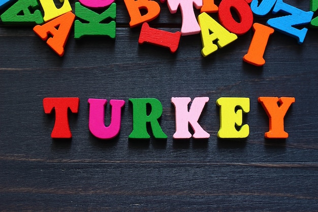 The word turkey with colored letters