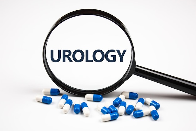 The word UROLOGY through a magnifying glass next to capsulesUROLOGY concept