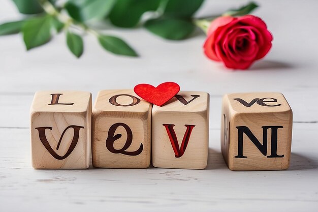 写真 単語バレンタインデー愛木製ブロック キューブ愛のテーマ木製文字ブロック愛情のあるテキスト