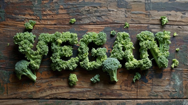 Foto la parola vegana fatta di broccoli su un tavolo di legno ai