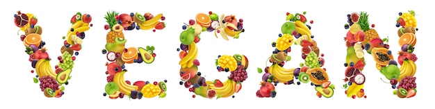 Word VEGAN made of different fruits and berries