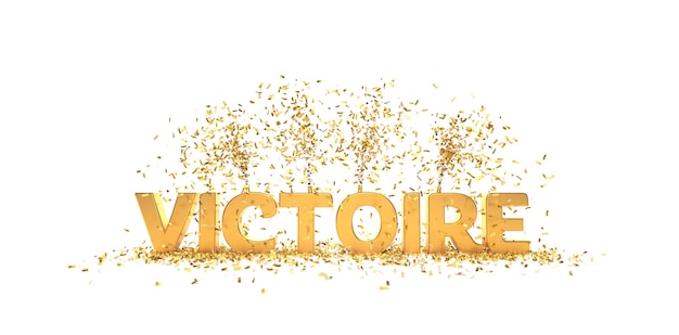 Word Victory in het Frans met confetti gouden letters, witte achtergrond