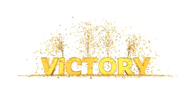 Word Victory met confetti gouden letters, witte achtergrond 3D-rendering