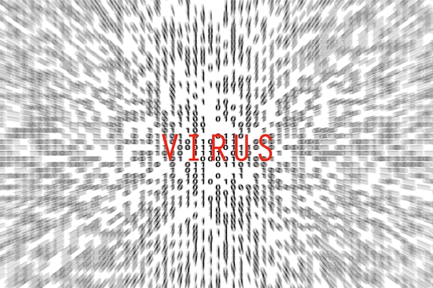 The word virus on binay code blurred background Digital data cyber attack concept design