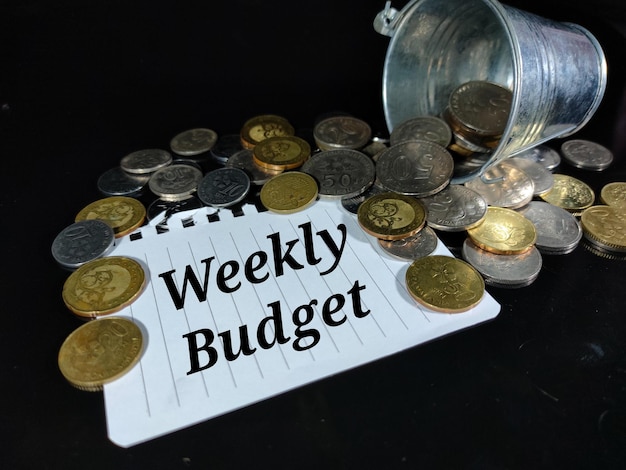 Photo word weekly budget on notebook with coins and bucket on black backgroundbusiness concept