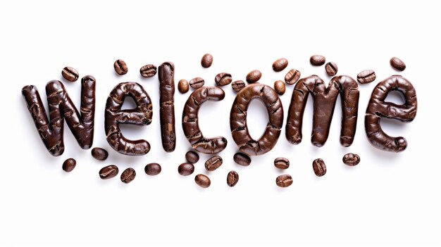 コーヒービンのタイポグラフィーのスタイルで作られた白い背景に隔離されたWelcomeという単語