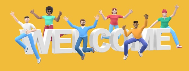 The word welcome with cartoon characters. 3d rendering