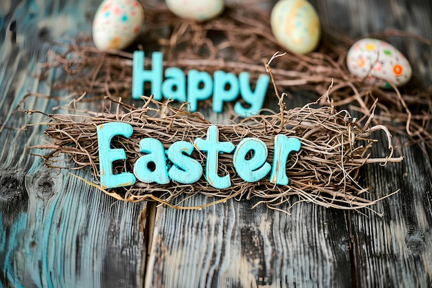 words Happy Easter against a rustic wooden backdrop embodying the essence of the Easter concept