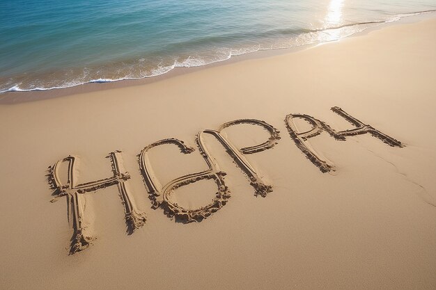 Photo words happy written in the sand on the beach