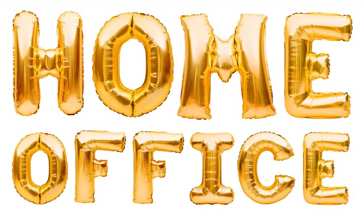 Photo words home office made of golden inflatable balloons. quarantine, protection from coronavirus or covid-19 epidemic, social media campaign for coronavirus prevention
