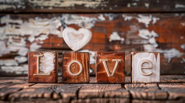 Words Love You written in ceramic blocks on brown wooden background