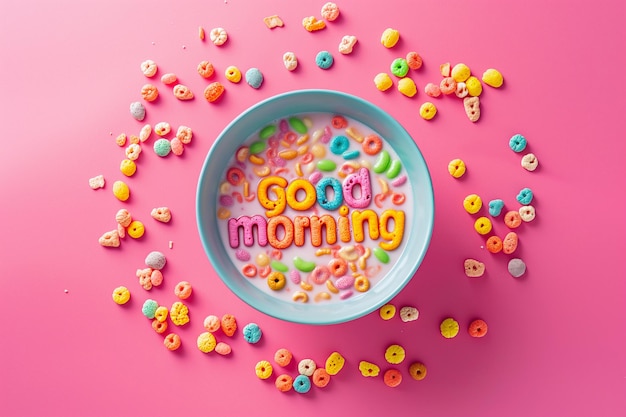 Words made of colorful cereal Good Morning message in a bowl Simple and fast breakfast National cereal day Minimal creative food concept