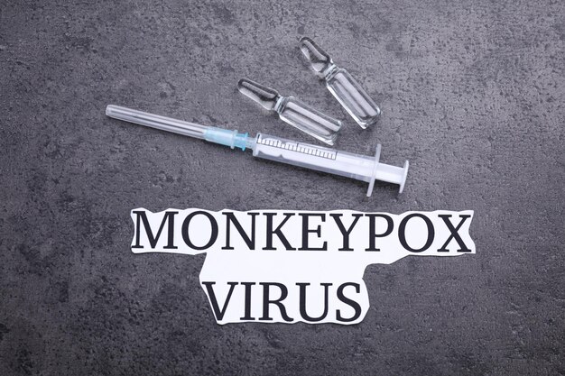 Words Monkeypox Virus syringe and vials on grey table flat lay