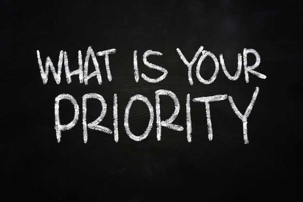 The words What is your priority written with chalk on blackboard