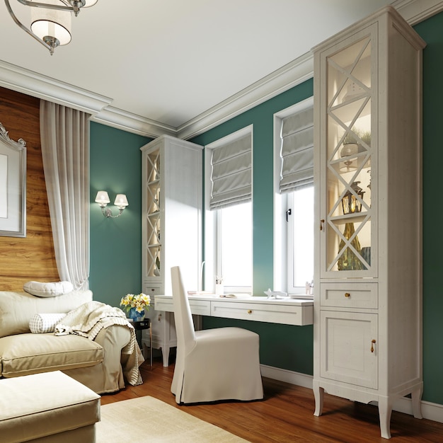 Work area with white work desk, armchair and shelving. Provence style interior with blue walls. 3D rendering.