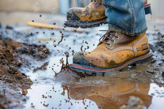 Work boots splashing in a puddle on site