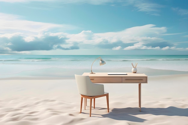 Work desk on beach with white sand Psychological comfort at work AI generated