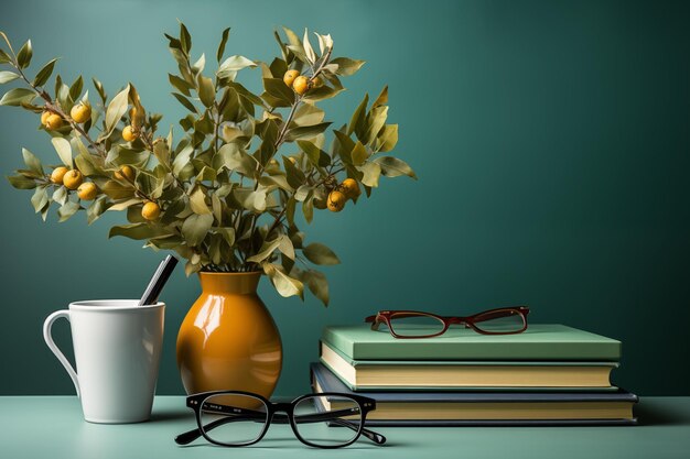 Photo work desk or reading table on green wall background