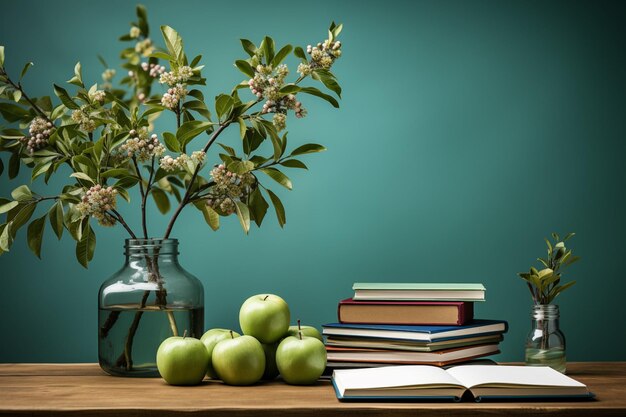 Work desk or reading table on green wall background