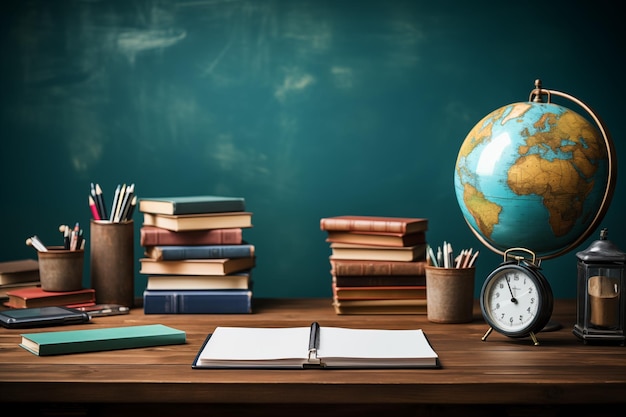 Work desk or reading table on green wall background