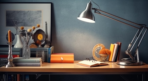 Work desk with shelves in white modern style with Generative AI