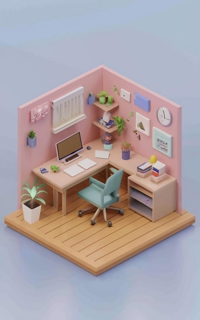 Photo work desk wooden table isometric