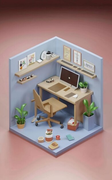 Photo work desk wooden table isometric