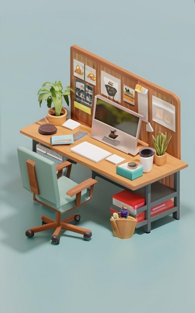 Work desk wooden table isometric