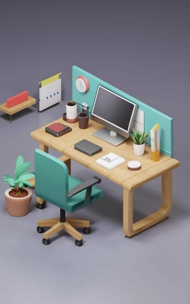 Photo work desk wooden table isometric