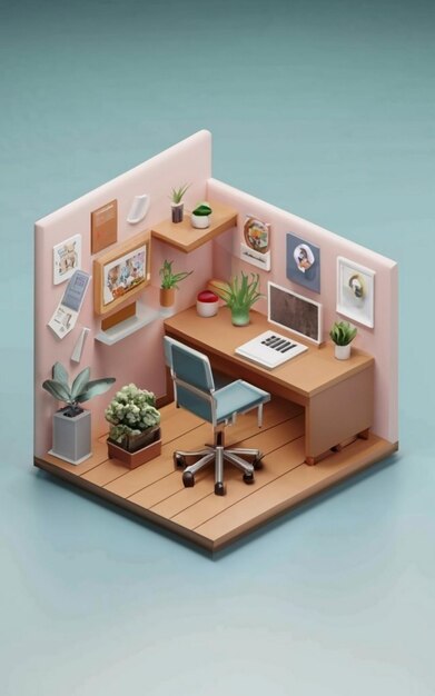 Photo work desk wooden table isometric