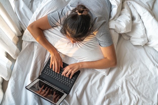 Work from Home concept , woman Self quarantine at home for Social Distancing