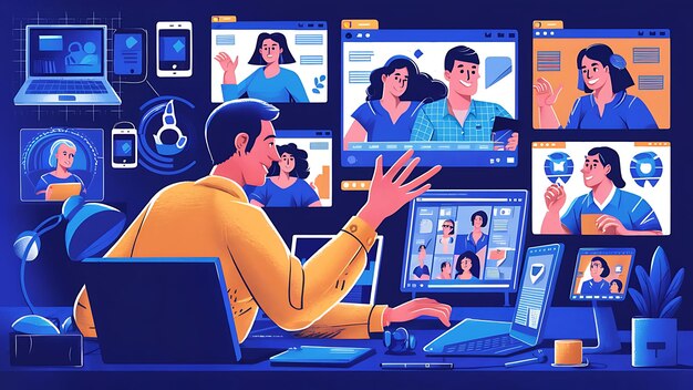 Photo work from home human having a video conference with his colleagues remote teamwork concept background