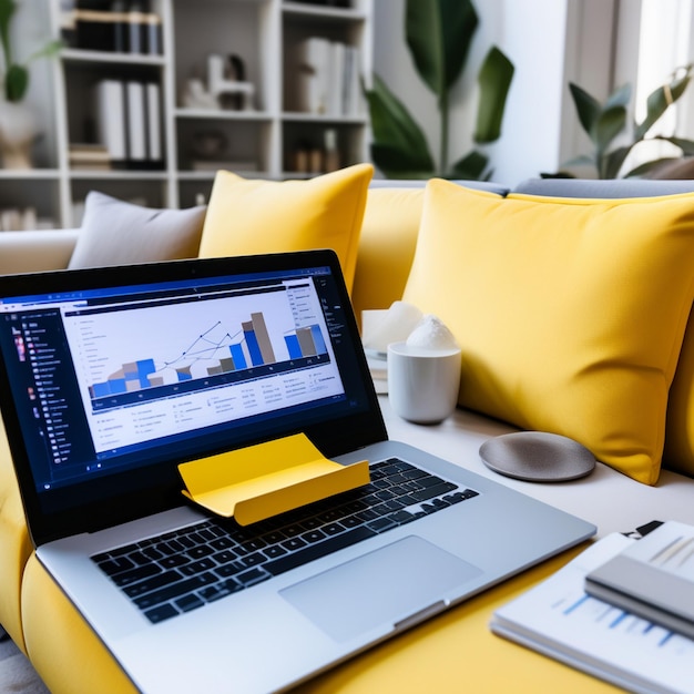 Photo work from home workspace yellow sofa background