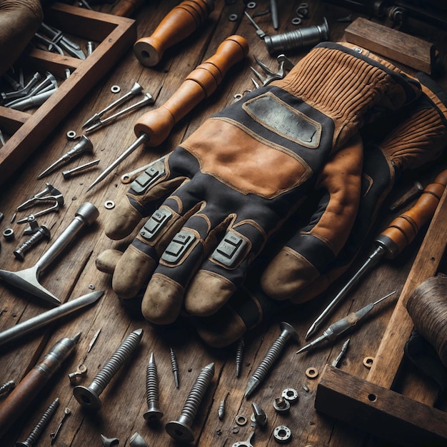 Work gloves surrounded by tools