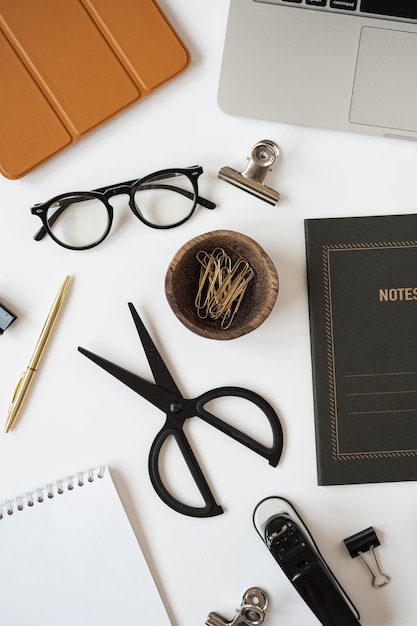 Work at home concept Flatlay of aesthetic minimalist workspace Flat lay top view