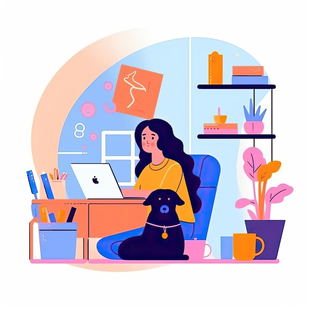 Photo work home office abstract with dog concept flat vector illustration daily activities working ai generated