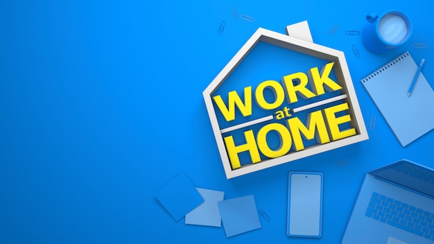 Work at home. Office at home. Blue background, Copy space for text. 3d render.