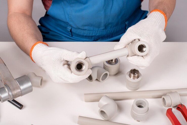 Work on the installation of heating or plumbing Male plumber welding plastic pipes plumbing installation