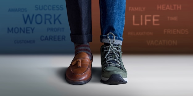 Work Life Balance Concept. Low Section of a Man Standing with Half Shoes and Legs