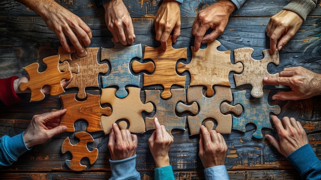 In work meeting company workers are assembling pieces of a jigsaw puzzle Banner with happy employees are playing a game during team building