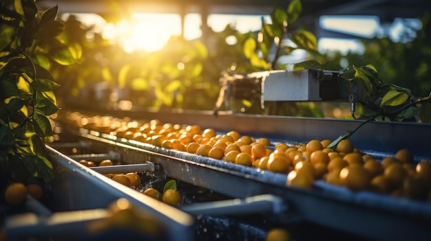 Work on the orange sorting line in an agricultural processing factory holding a pile of ripe mandarin oranges