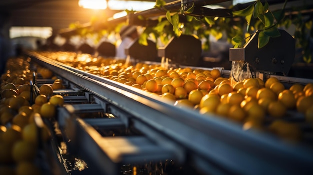 잘 익은 만다린 오렌지 더미를 들고 있는 농업 가공 공장의 오렌지 분류 라인에서 작업합니다.