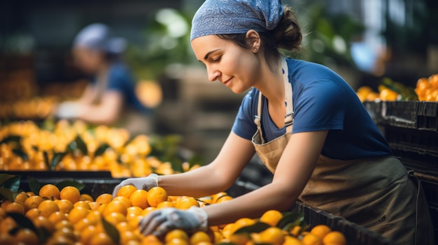 Work on the orange sorting line in an agricultural processing factory holding a pile of ripe mandarin oranges