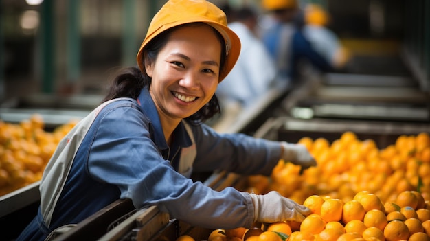 Работа на линии сортировки апельсинов на заводе по переработке сельскохозяйственной продукции, где хранится куча спелых мандаринов.