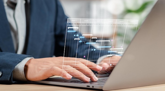 Work planning concept Businessman analyzing corporate work strategy Data Management System to make report with KPI and metrics connected to database