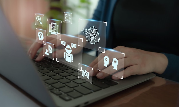 Work safety concept Working on computer with icon of safety at workplace surrounded by safety first protections health regulations and compliance Working standard process Zero accidents
