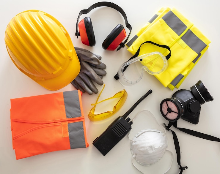 Photo work safety protection equipment background industrial protective gear on white