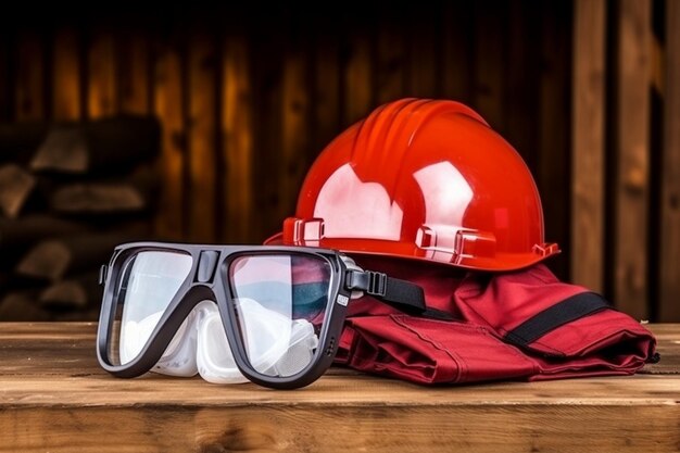 Foto attrezzature di protezione per la sicurezza sul lavoro attrezzamenti di protezione industriale su tavolo di legno colore rosso sullo sfondo